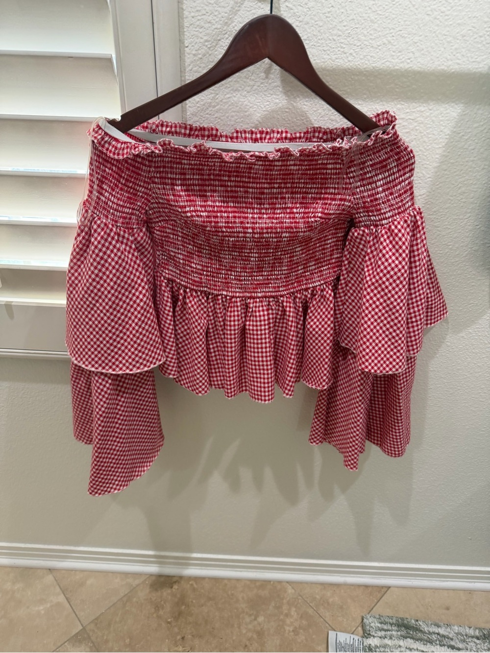 Red Gingham Off-Shoulder Smocked Peplum Top